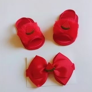 Sandália e Tiara vermelha de Melancia para bebê Recém Nascido Pantufa e laço de cabelo infantil feminino para bebê.