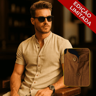 Camisa Masculina Linho Gola Padre Manga Curta Luxo em Oferta na Shopee