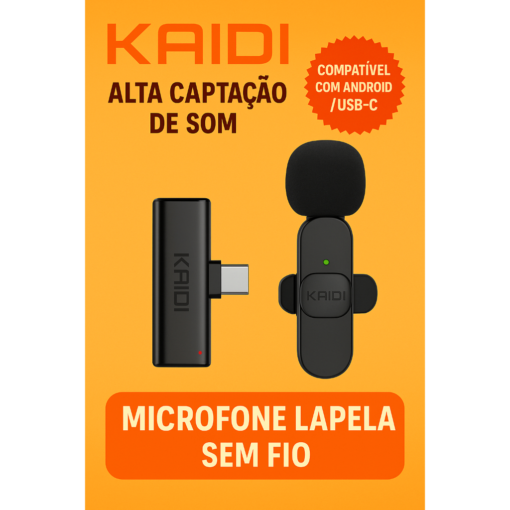 Microfone Lapela Sem Fio Kaidi KMF5 – Profissional, USB-C ou Lightning, Ideal para Gravações e Lives