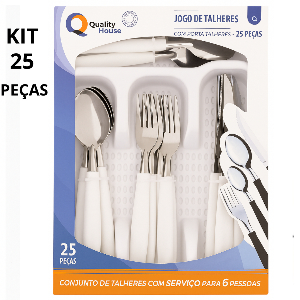 Jogo de Talheres Quality House 25 Peças em Aço Inox com Porta Talheres – Facas, Garfos e Colheres