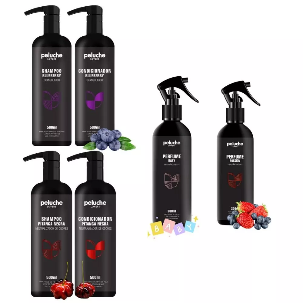 Kit Peluche Shampoo e Condicionador 500ml Cada + Perfume 200ml para Cães e Gatos