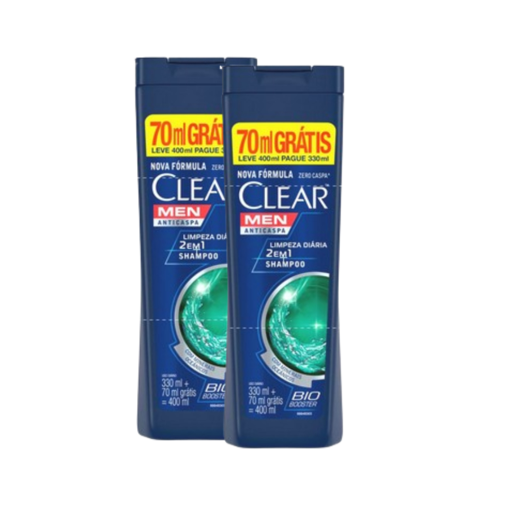 Kit Shampoo Anticaspa Clear Men Limpeza Diária 2 em 1 400ml Grátis 70ml - 2 Unidades