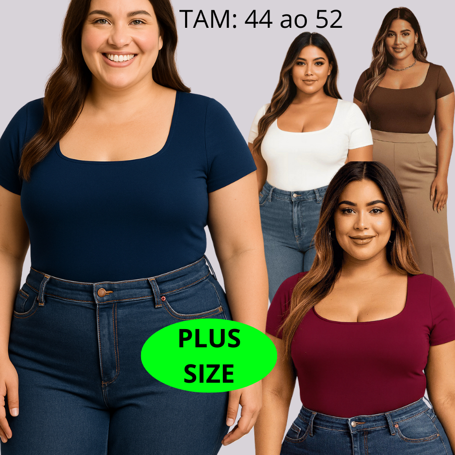 Body Plus Size Decote Quadrado com Manga Manguinha Feminino com Forro Duplo Promoção