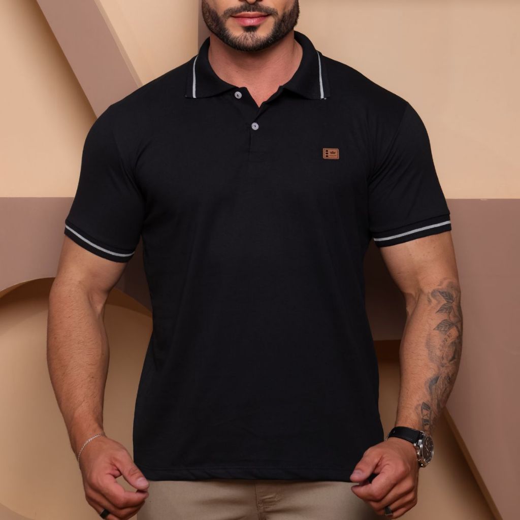 Camiseta gola polo 100% algodão com punho e bordado preta em Oferta na Shopee