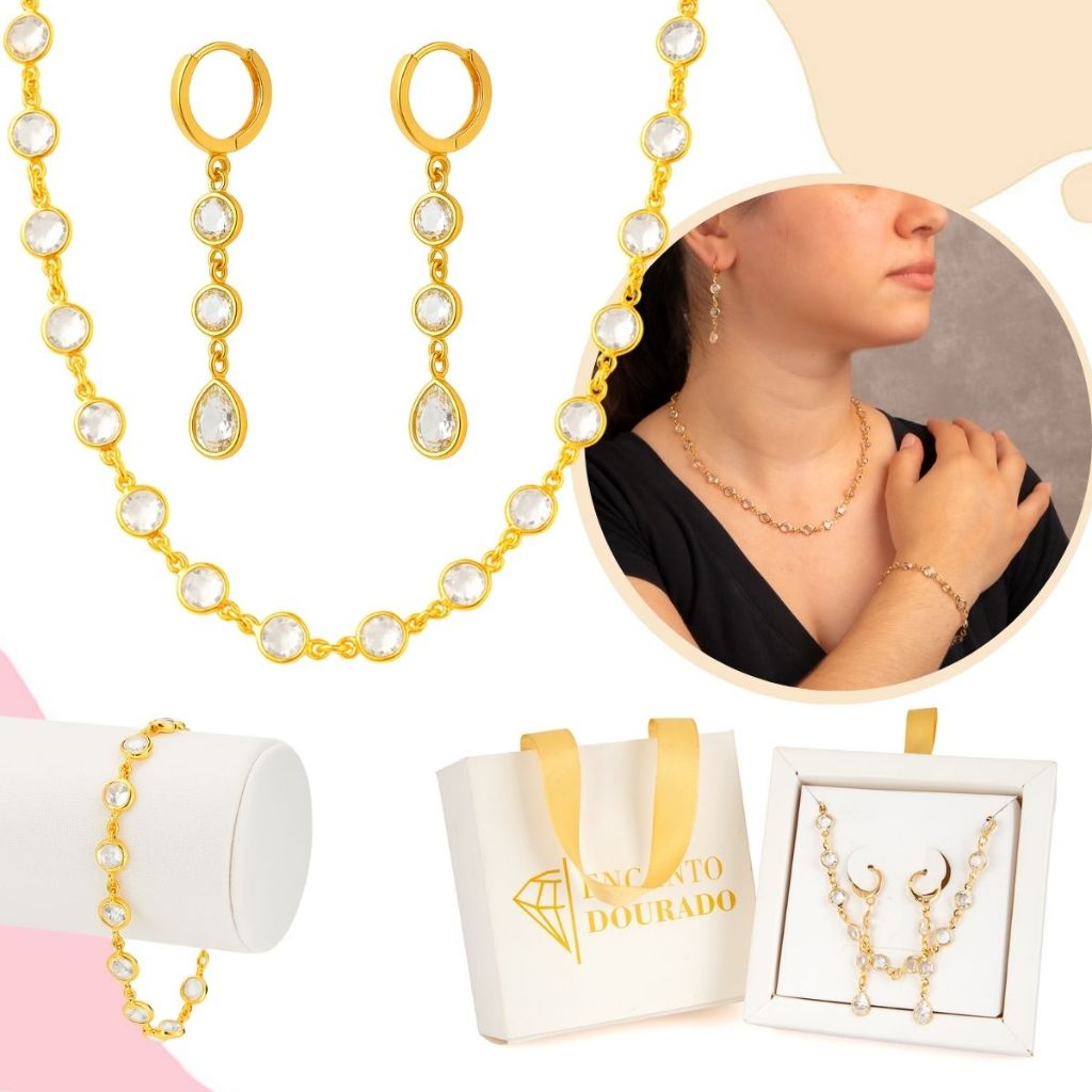 Conjunto Banhado a Ouro Brinco Argola Com 3 Pedras Zircônia + Colar E Pulseira