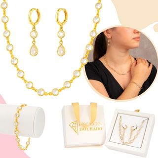 Kit Conjunto Bolinhas De Zircônia Colar + Brinco Argola 2 Pedras + Pulseira Feminina