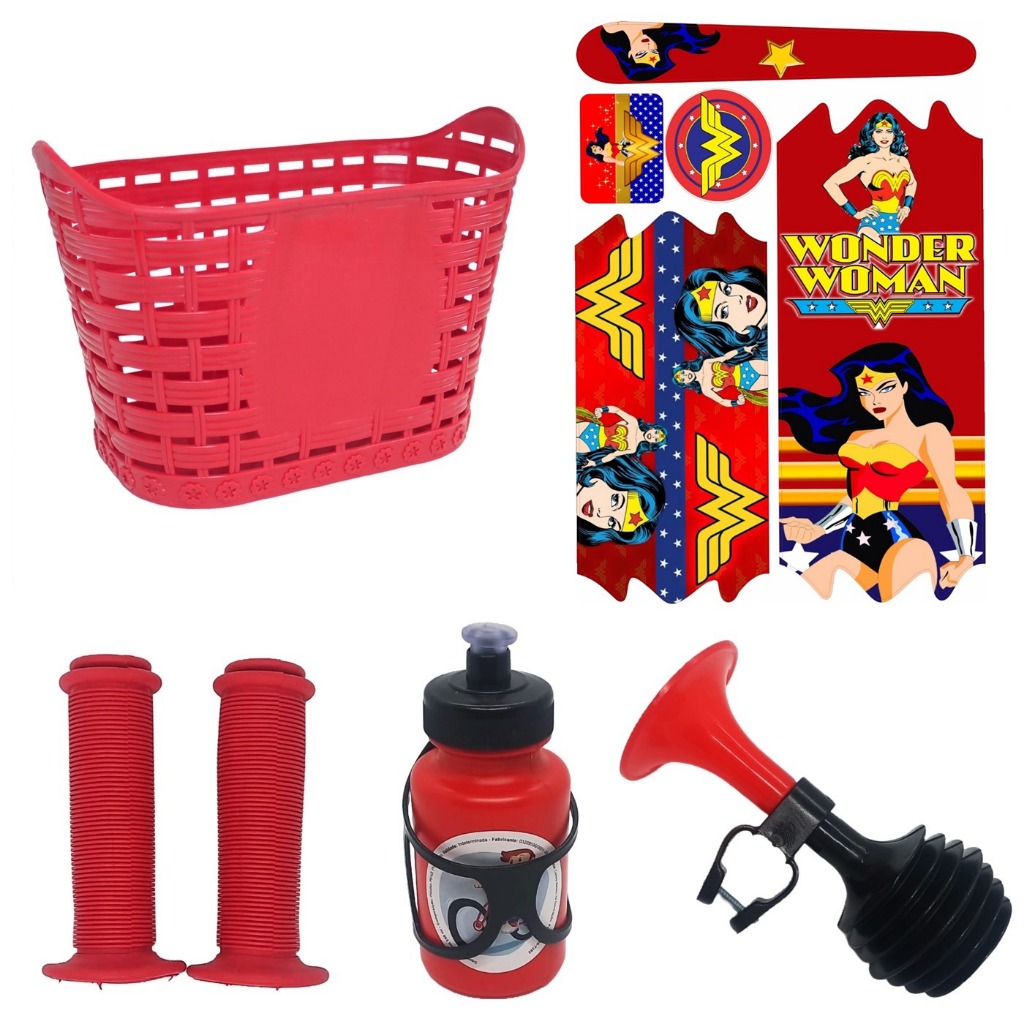 Kit Bike Adesivo Cesta Buzina Manopla Mulher Maravilha Aro 16/20 Garrafa Squeeze Guerreira Amazona