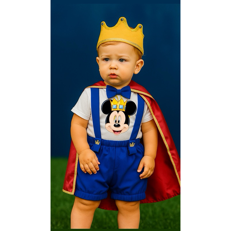 Kit conjunto Fantasia Mickey Realeza Camisa, Short, gravata, capa, coroa infantil masculino promoção