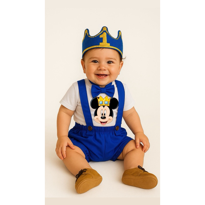 Kit conjunto Fantasia Mickey Realeza Camisa, Short, gravata, coroa infantil masculino promoção