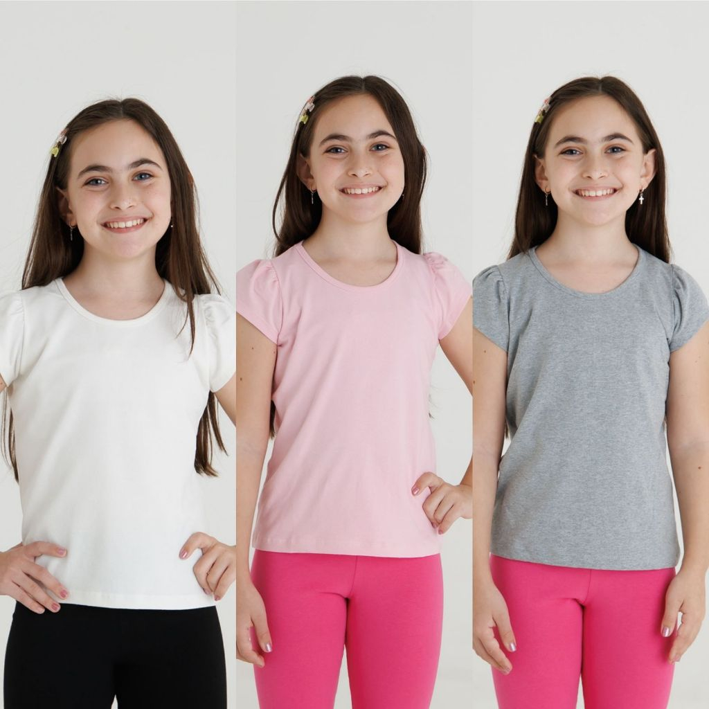 3 Blusa Verão Feminina Manga Curta Franzida Infantil Kit 3 Peças Básicas 1/2/3/4/6/8/10