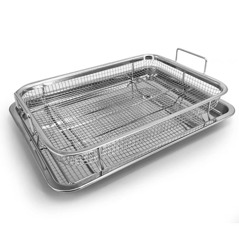 Bandeja com Escorredor de aço inox Retangular/ Redonda Fritura Multiuso Pastel Salgados