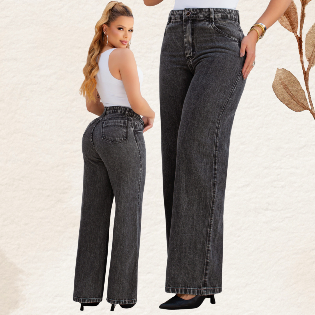 Calça Jeans Feminina Wide Leg Pantalona Grafite Preta Marmorizada Cintura Alta 100% Algodão Premium