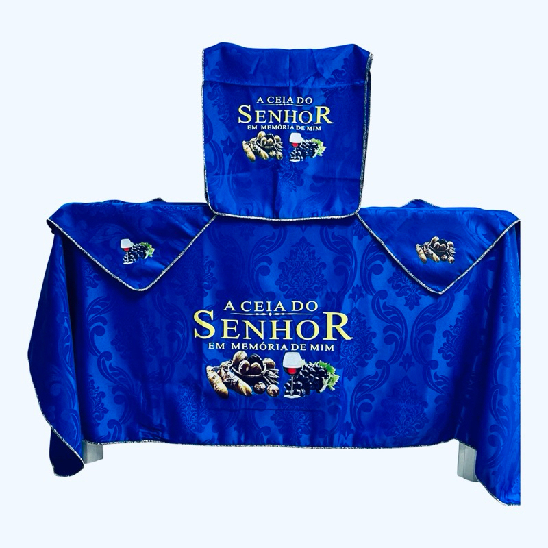 kit 4 toalhas em jacard azul de 2 metros bordas douradas em Oferta na Shopee