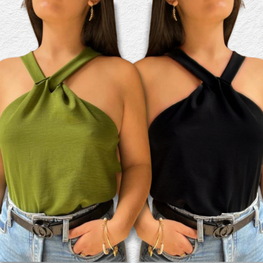 Kit 2 Blusas Feminina Elegante Nó Gola Transpassada Regata Tecido Duna Moda Blogueira Tendencia