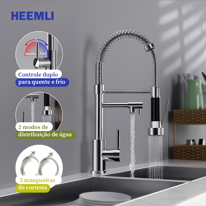 Heemli Torneira Gourmet de Cozinha com Frio e Quente e Saída Multifuncional em Inox Metal para Bancada e Pia de Cozinha