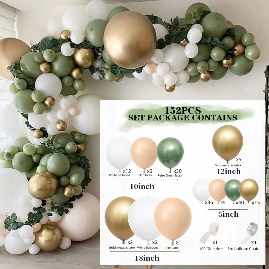 Kit 152 Balões Bexiga Liso Verde Eucalipto 10"+Branco 10"+Dourado Cromado 5"+2 Big Dourado+2 Big Branco Metalizado em Oferta na Shopee