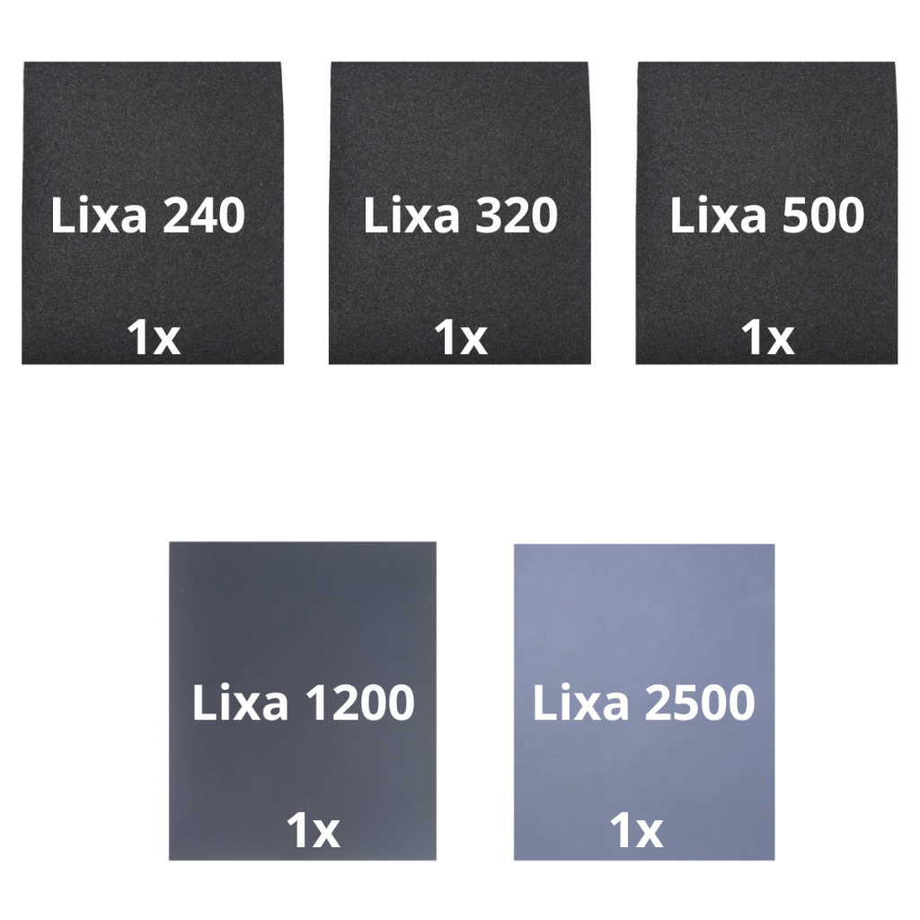 Lixa 240 320 500 1200 2500 d'água kit 1 folha de cada Polimento Lixamento Acabamento Plásticos Metal