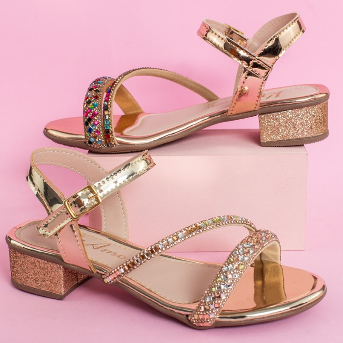Sandália Saltinho Brilho Strass Infantil Menina Delicada Festa Casual Moda Promoção Antide...