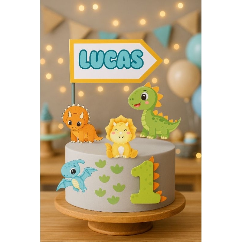 Topo de Bolo Dinossauro Personalizado – Aniversário Infantil, mesversário Topper cake Personalizado