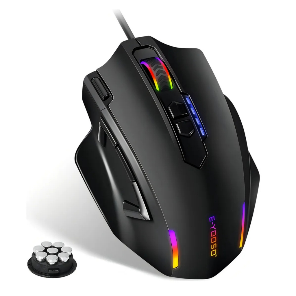 e-yooso 1khz programmable mouse gamer 11 buttons 12400dpi RGB lights ergonomic mouse 8 weights cases