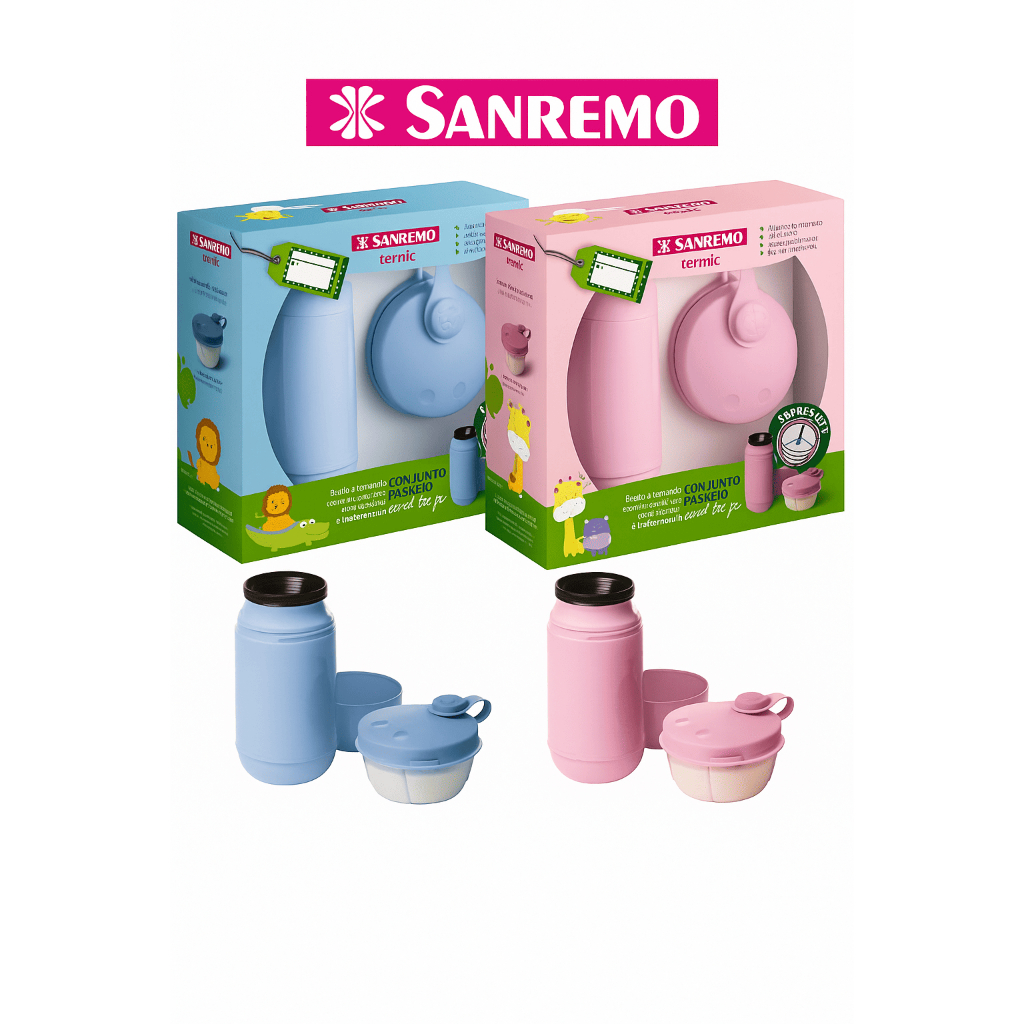 Conjunto Passeio Garrafa Térmica Infantil 250ml + Pote para Leite em Pó Sanremo Rosa / Azul em Oferta na Shopee