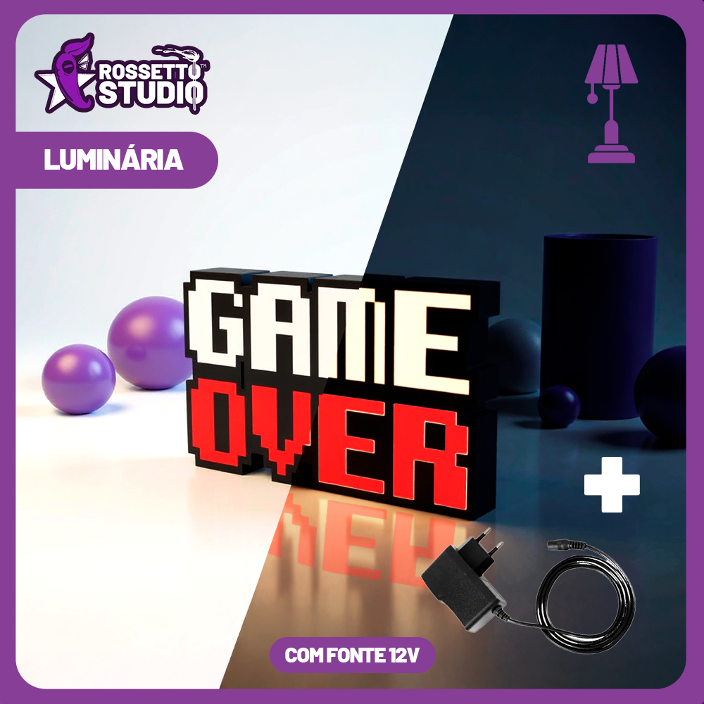 Light Box Game Over Pixel – LED RGB 15cm com Fonte 12V, Decoração Gamer Geek