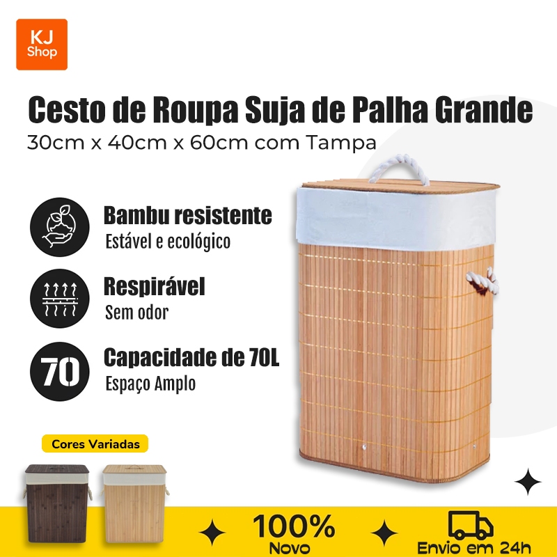 Cesto de Roupa Suja 70L em Bambu com Tampa - Dobrável, Retangular e com Alças para Banheiro e Lavanderia