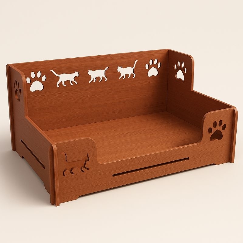 Cama Pet em MDF  Marrom Rústico – Design Artesanal com Recortes de Patinhas e Gatinhos em Oferta na Shopee