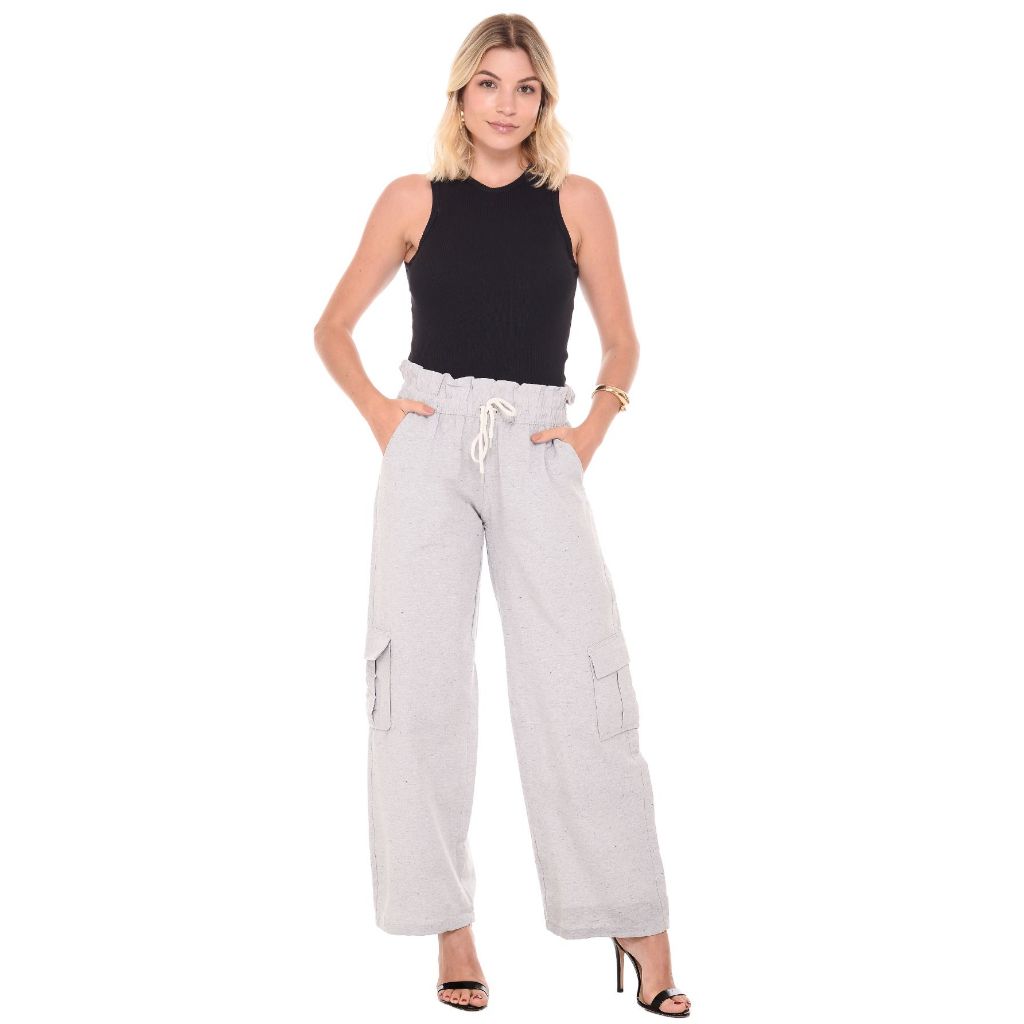 Calça Feminina Pantalona Linho Cargo Cintura Alta Moderna Social Tendencia