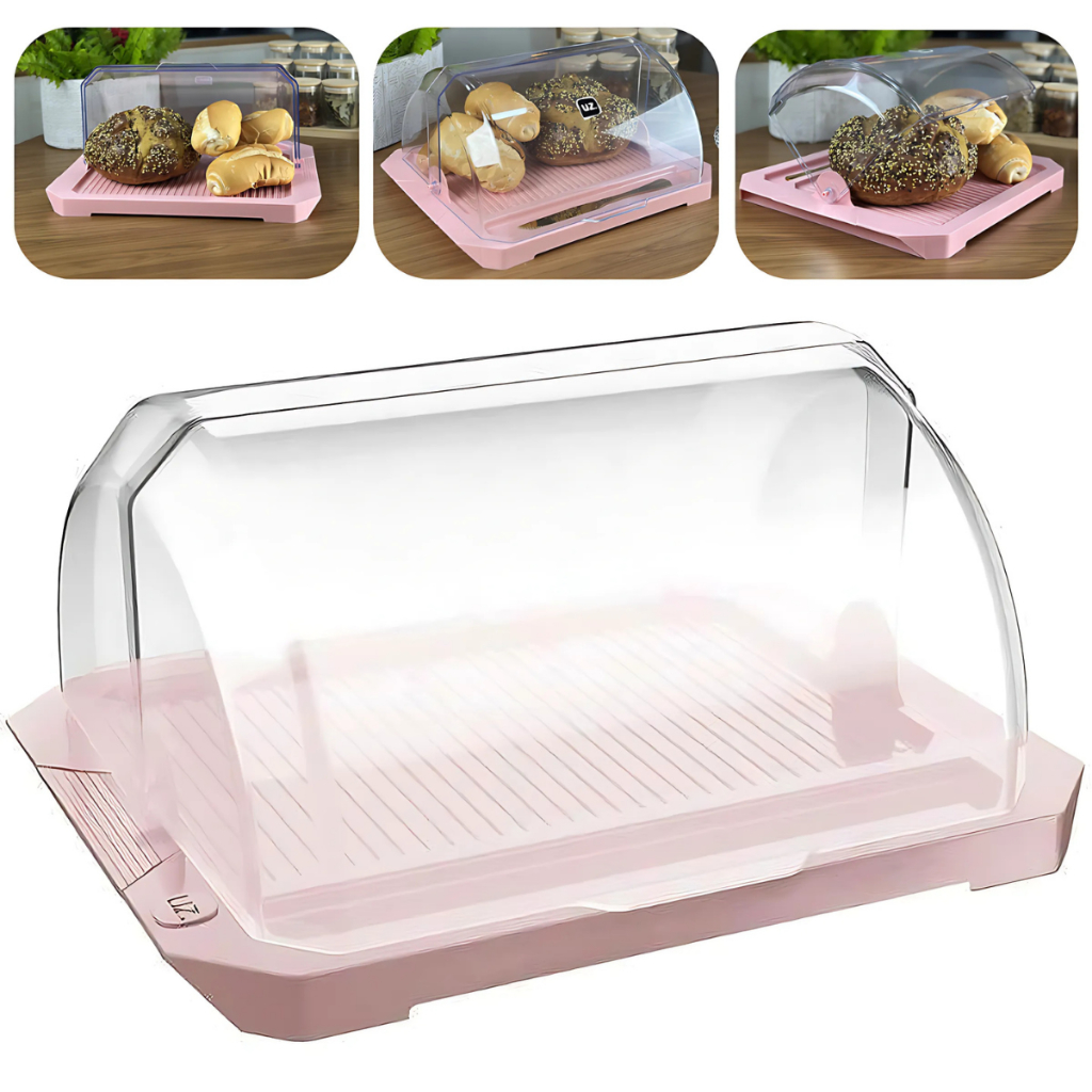 Porta Pão/Bolo Grande Com Tampa Retrátil Transparente E Porta Faca Acrílico Rosa Cozinha Premium UZ