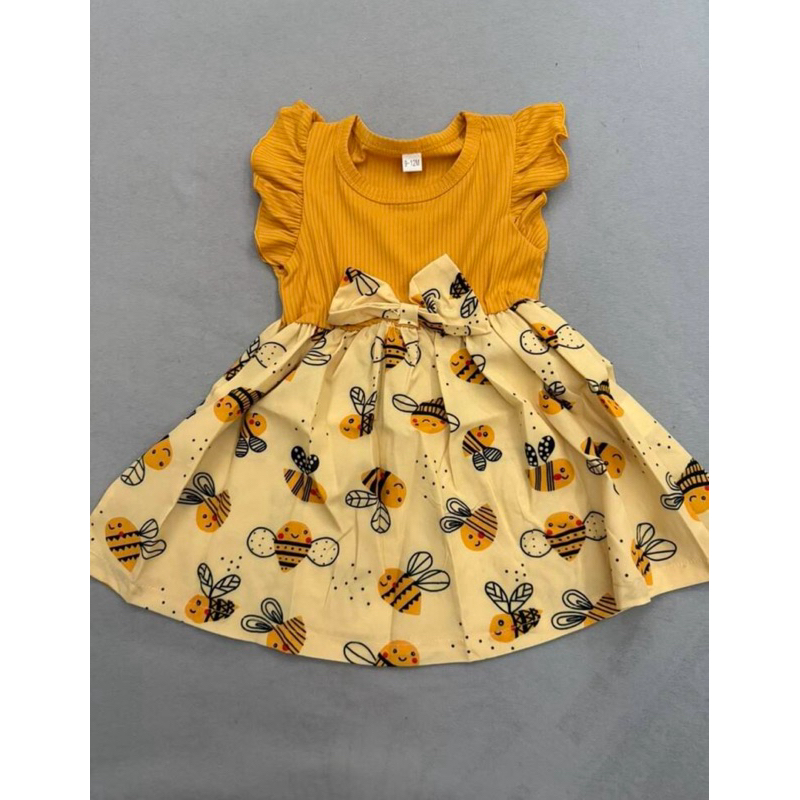 Vestido de verão com mangas borboleta para bebê menina, adorável estampa de abelinha com laço e design de listras