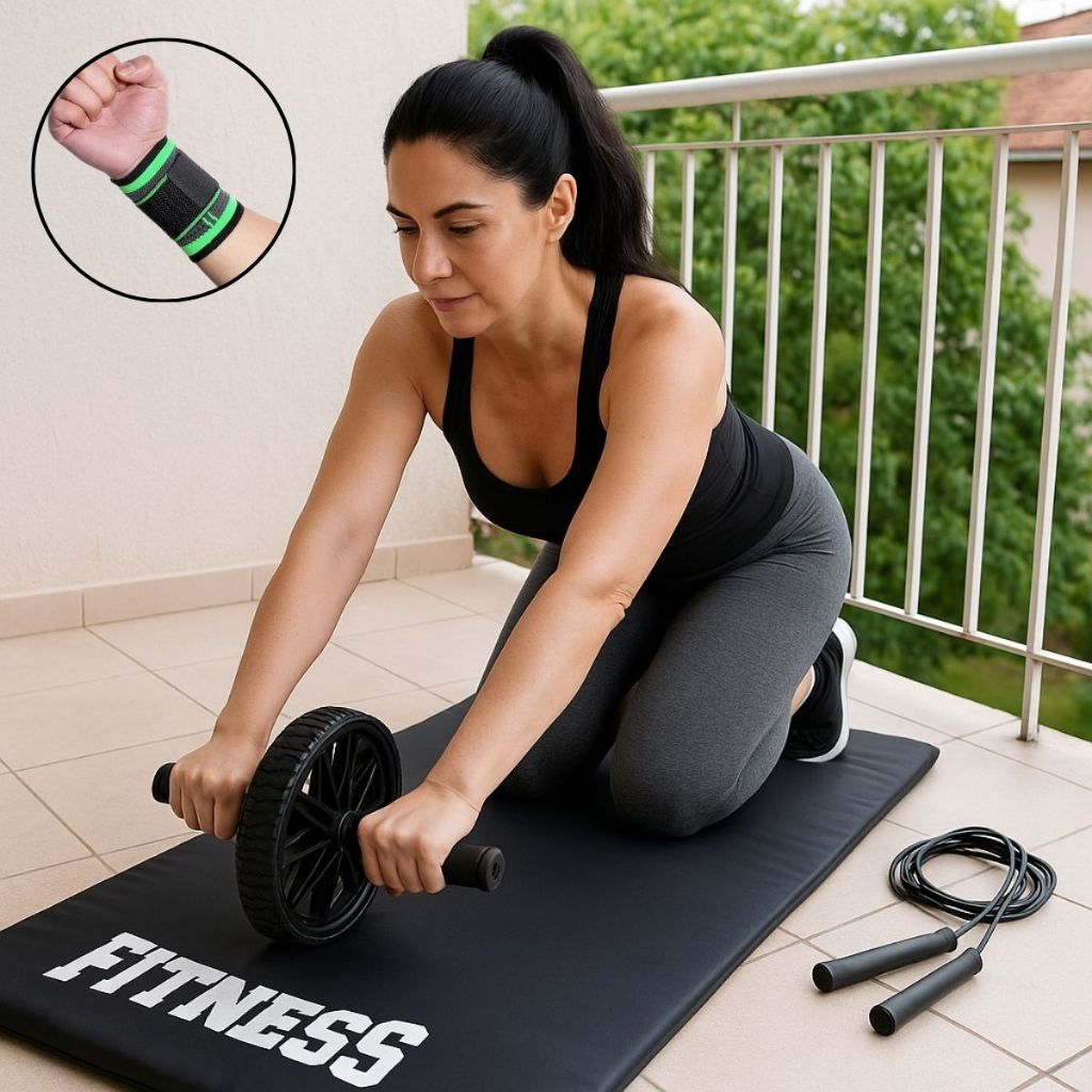 Imagem Kit Treino Completo Colchonete + Roda Abdominal + Corda de Pular + Munhequeira Academia em Casa Fitness Lançamento