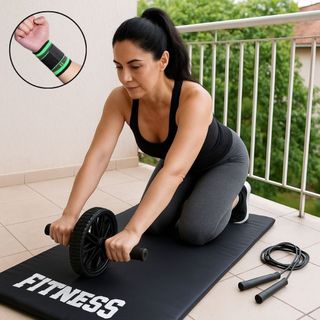 Kit Treino Completo Colchonete + Roda Abdominal + Corda de Pular + Munhequeira Academia em Casa Fitness Lançamento