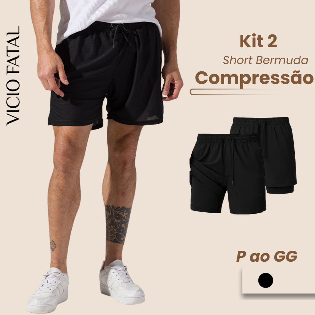 Kit 2 Bermudas Shorts Masculino 2 em 1 Compressão Bolso Interno Cordão Ajustável Tecido Respirável