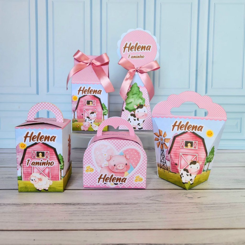 Kit festa  lembrancinhas 20 Caixinhas Personalizadas  fazendinha rosa  menina  MONTADAS
