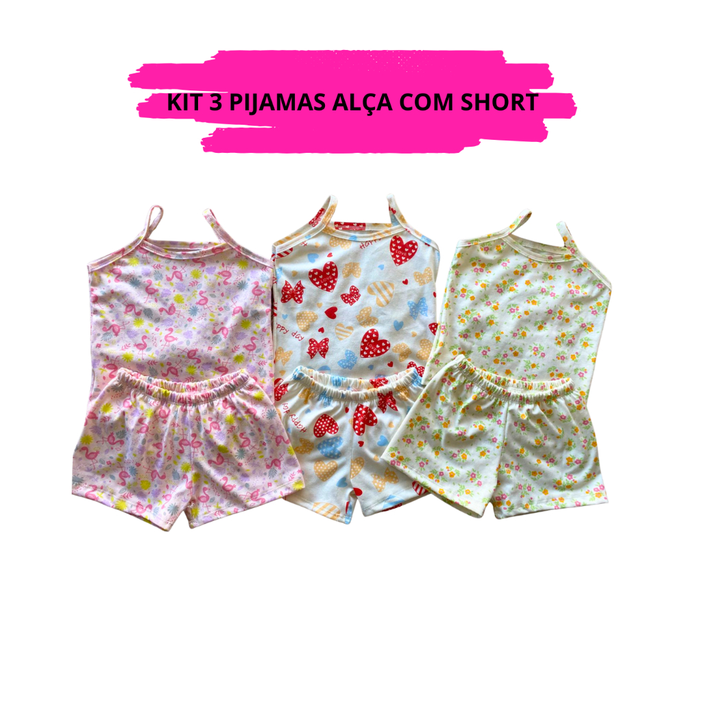 Kit 03 Pijama De Alça Feminino Infantil Menina 02 Ao 16 100% Algodão