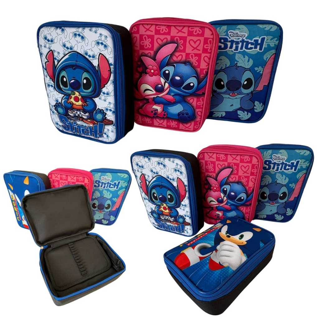 Estojo Escolar divertido Infantil Stitch e Sonic – Reforçado e Espaçoso - meninos e meninas em Oferta na Shopee