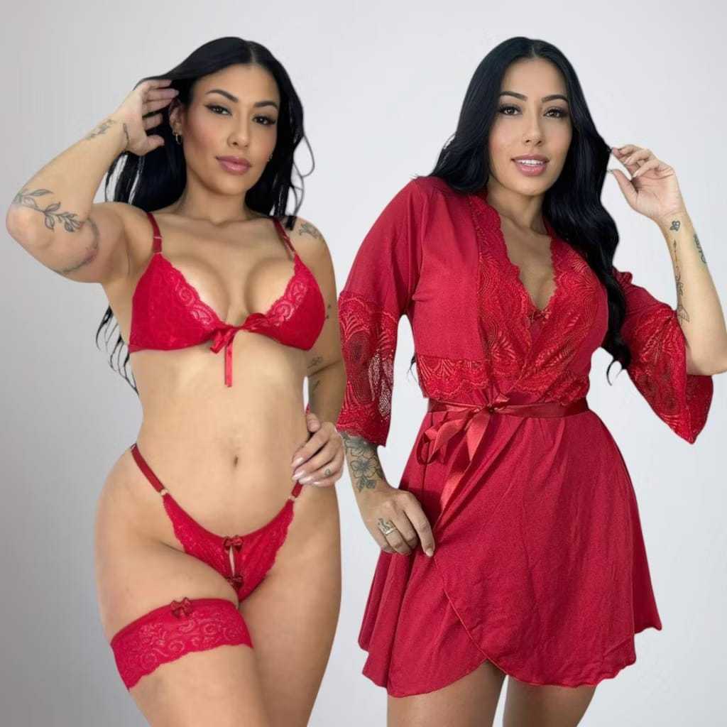 Kit robe roupão com conjunto lingerie renda apressadinha kit lingerie com perneira e kimono