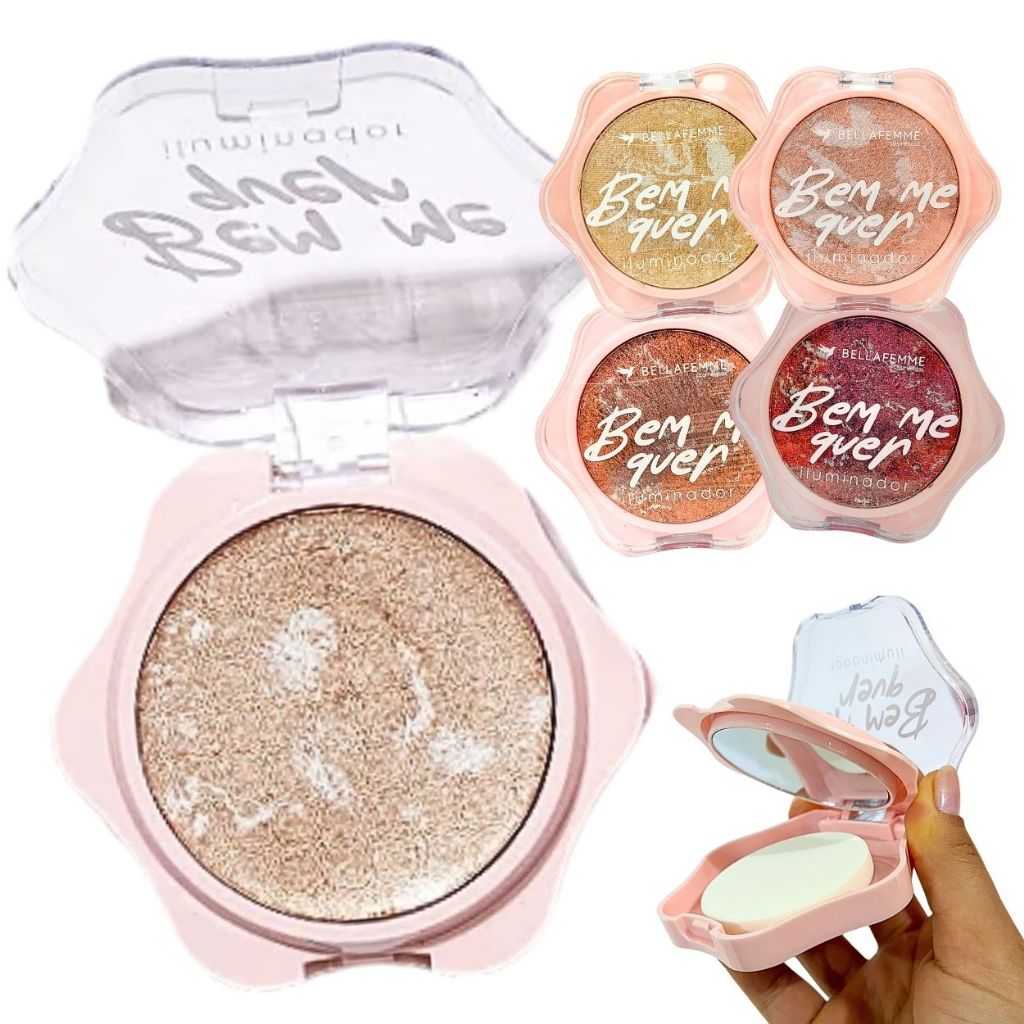 Iluminador Marmorizado com Espelho e Esponja Bem me Quer Bella Femme Brilho Acetinado Maquiagem em Oferta na Shopee