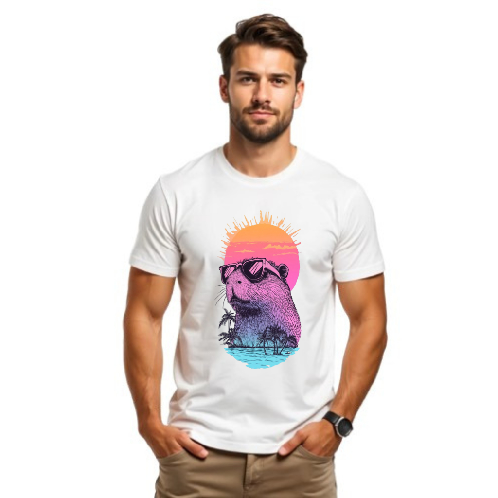 Camiseta Masculina Estampada Capy Tropical Capivara Adulto e Infantil 100% Algodão