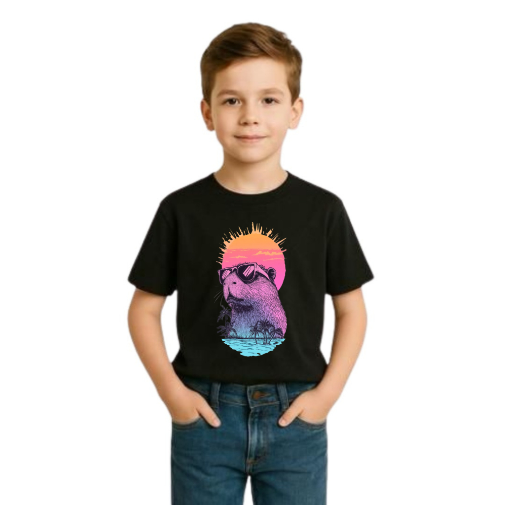 Camiseta Masculina Estampada Capy Tropical Color Capivara Adulto e Infantil 100% Algodão