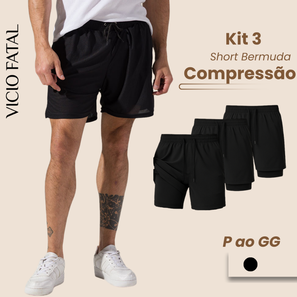 Kit 3 Bermudas Shorts Masculino 2 em 1 Compressão Bolso Interno Cordão Ajustável Tecido Respirável