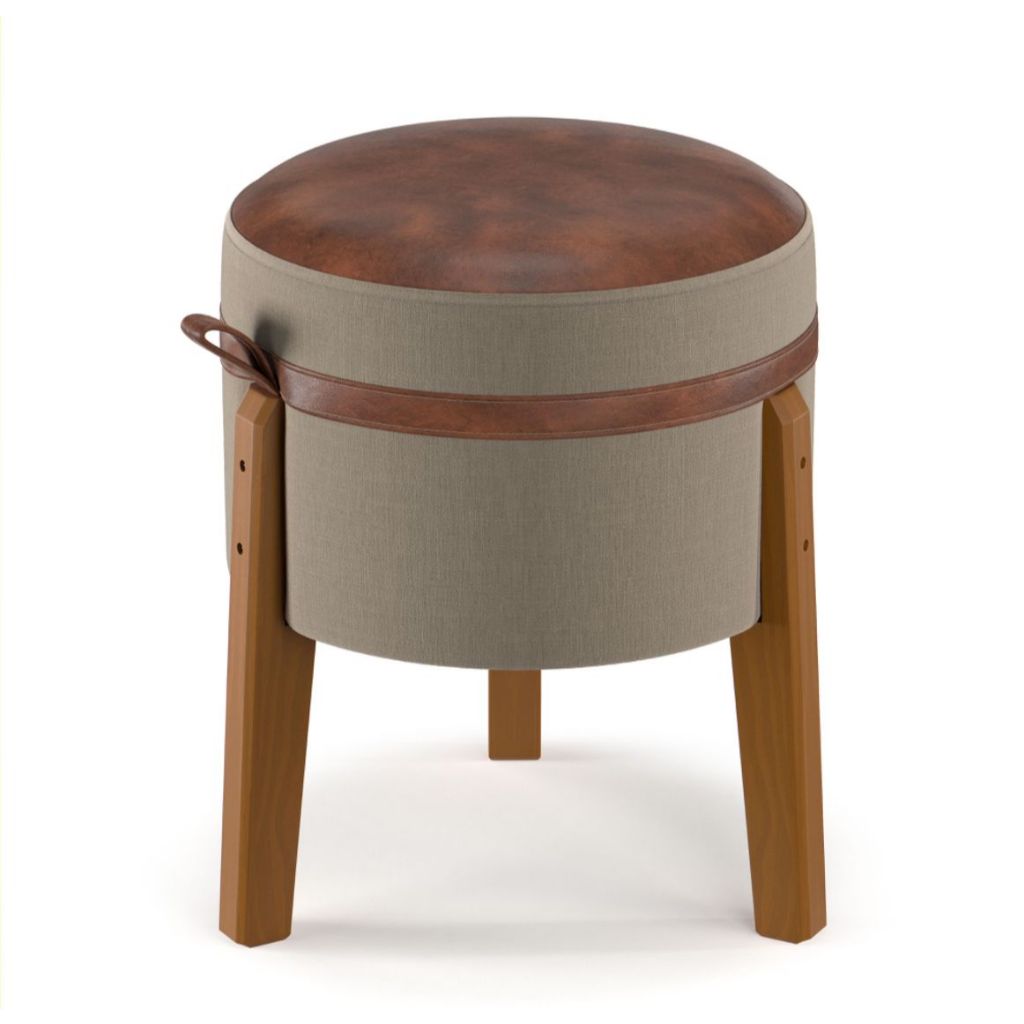 Puff Rest Bege Linho com Detalhes em Corino Marrom