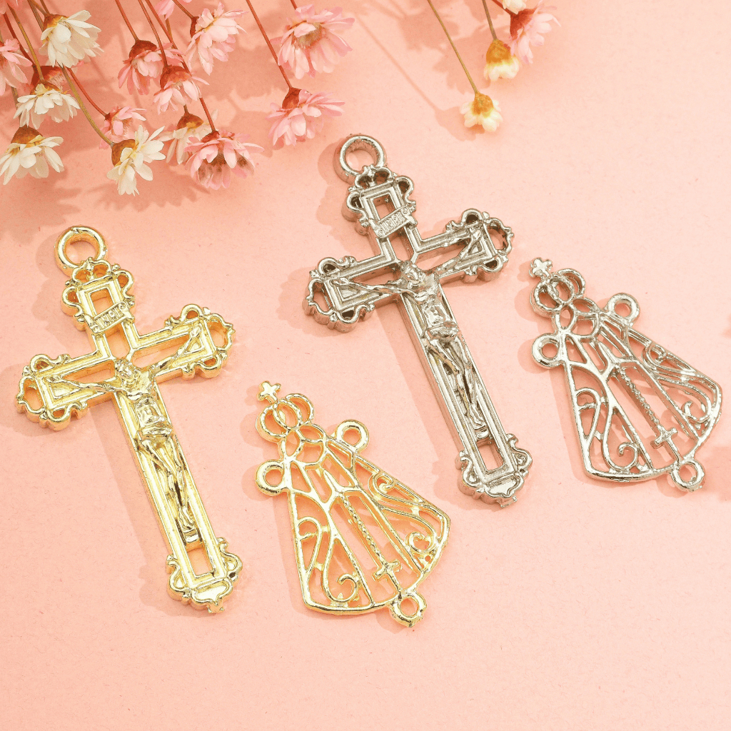 Crucifixo 5,5x3cm + Entremeio 4,3x2,2cm Nossa Senhora Aparecida Peças Para Terço