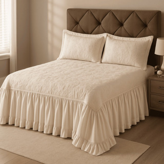 Colcha Casal Bordada Com Babado Cama Box Cobre Leito Com Forro Cama Posta em Oferta na Shopee