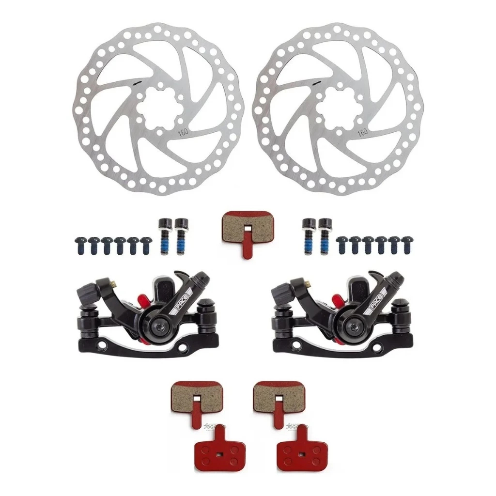 Kit Freio á Disco Mecânico Paco Pinça, Rotor 160mm Bicicleta Aro 26 e 29 + 2 Pares Pastilha Quadrada