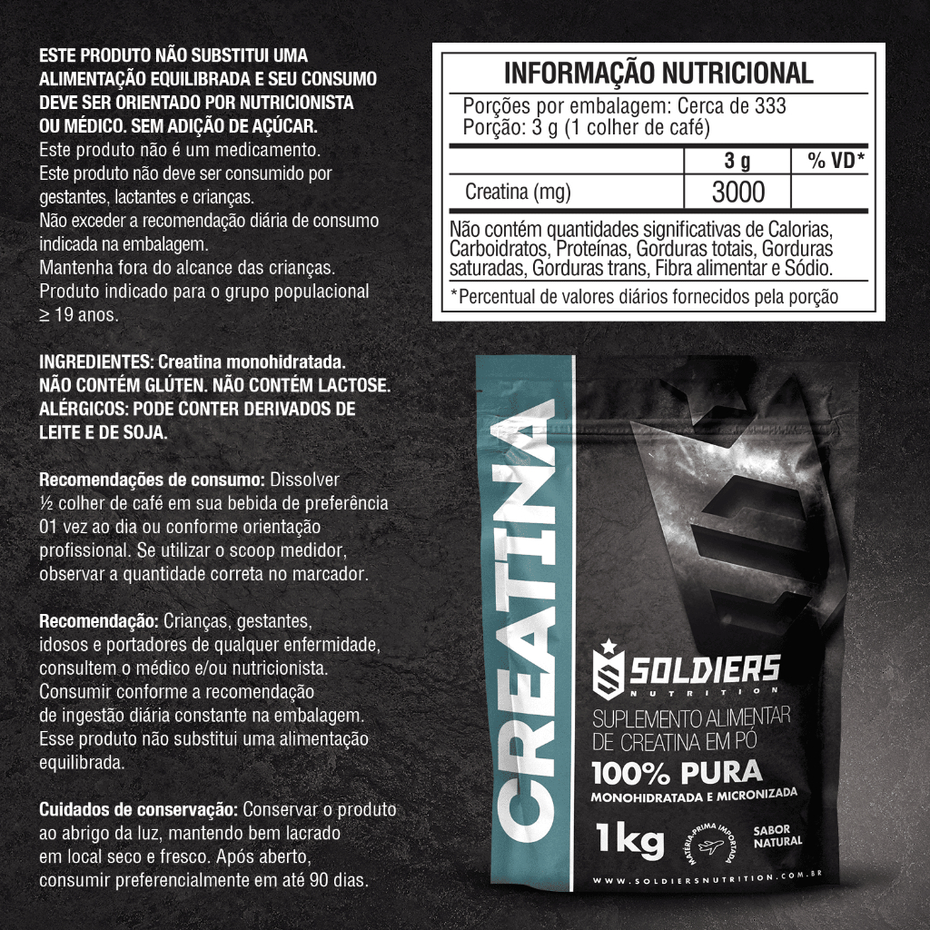 Detalhes do Creatina Monohidratada 1kg 100% Pura Importada Soldiers Nutrition Suplemento Performance Muscular Força