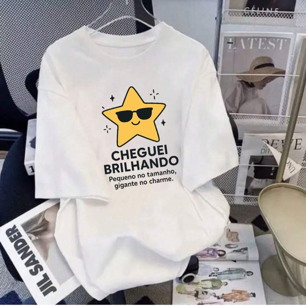 Camiseta Blusao Estrela Frase Cheguei Brilhando Meme Confortavel Camisa Unissex 100% Algodao