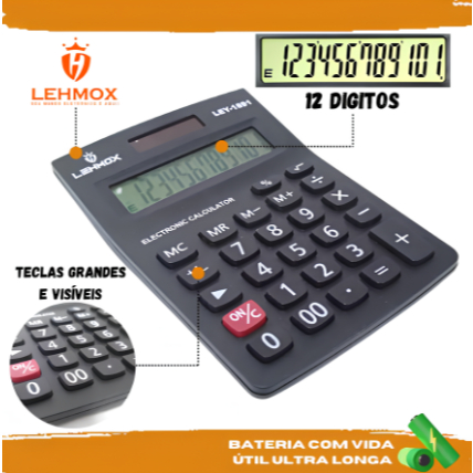 🖩 Calculadora Multifuncional 12 Dígitos – 14cm 🔋 Bateria 1,5V Inclusa - LEY-1891