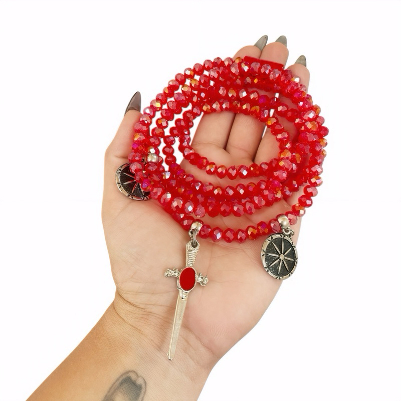 Guia de Ogum com Cristais 8mm – Espada, Escudo e Axé do Orixá Guerreiro